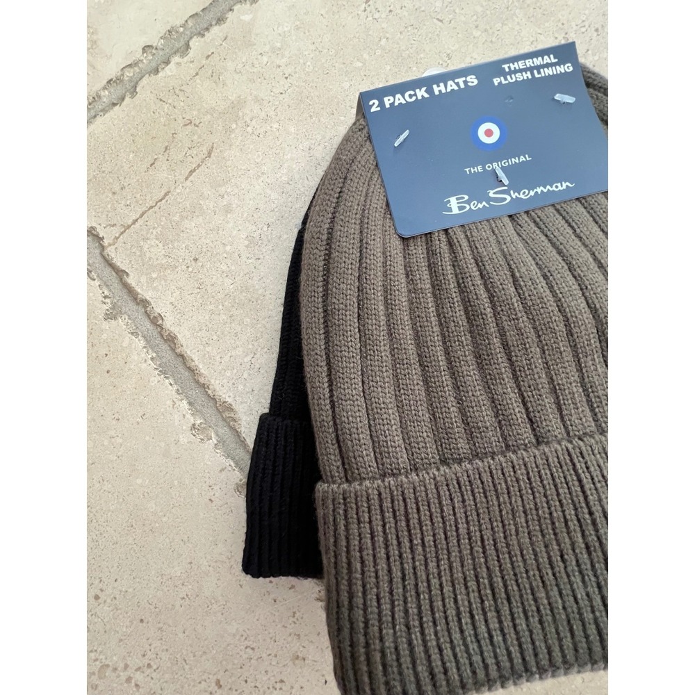 Ben Sherman Mens 2 Pack Ribbed Knit Beanie Hats Thermal Plush Lining Brown Black - Picture 5 of 8